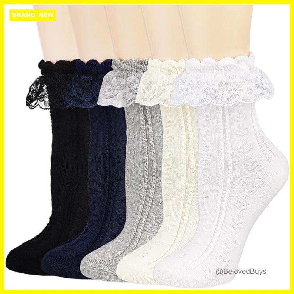 5 Pack Cotton Lace Ruffle Ankle Socks Women's Crew Socks
